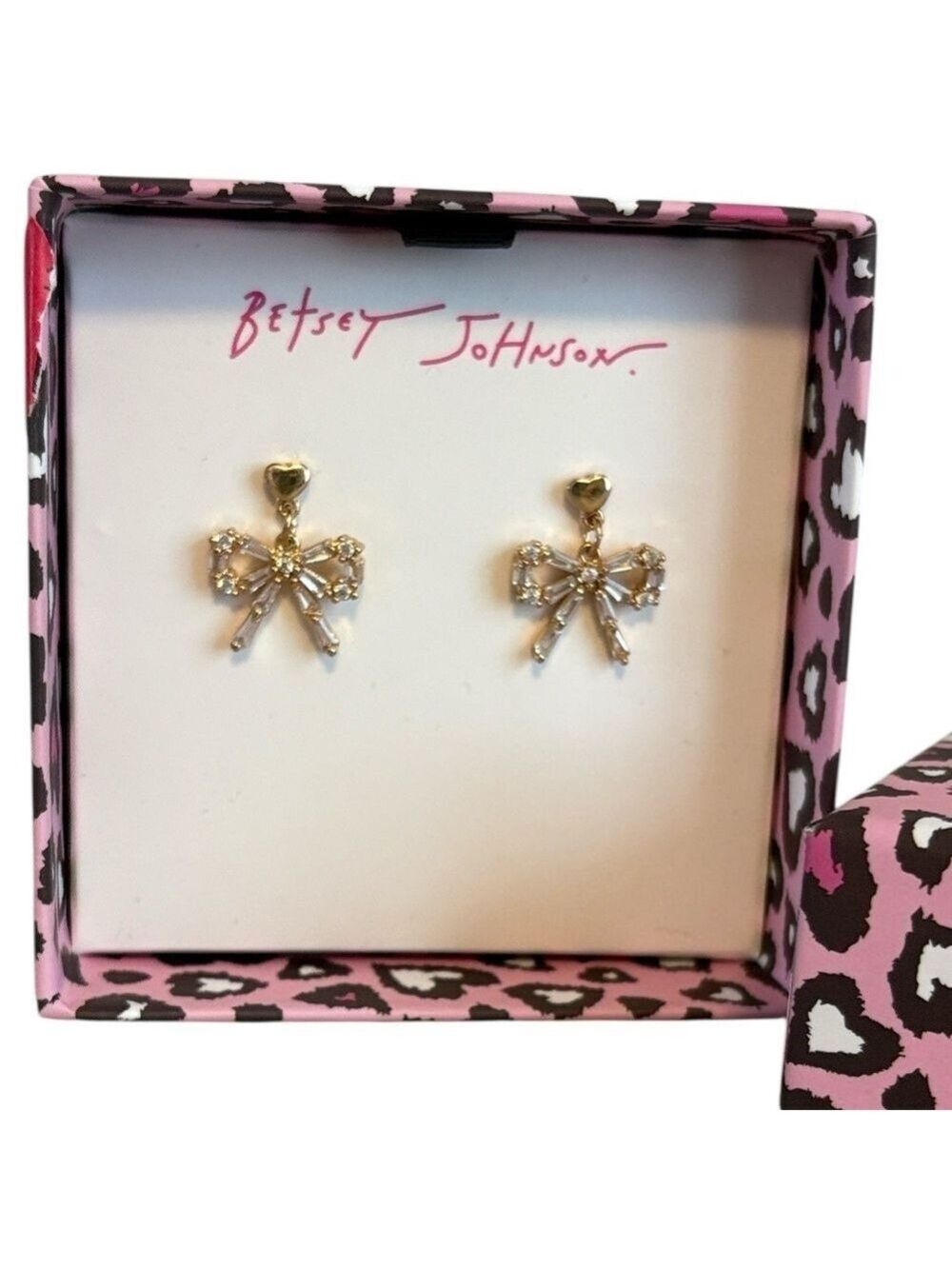 Betsey Johnson Dangly Bow Earrings Gold Tone Crystal New